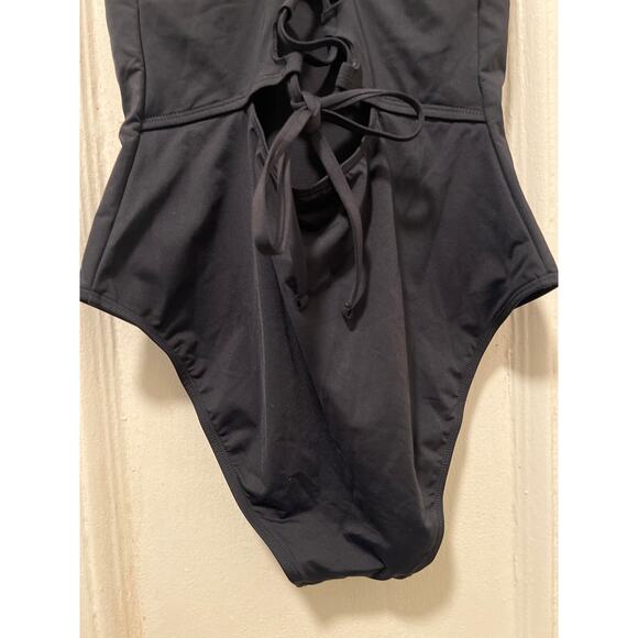 Women's Black Square Neckline Tie Back One-Piece Swimsuit NWT Size L - Picture 4 of 9